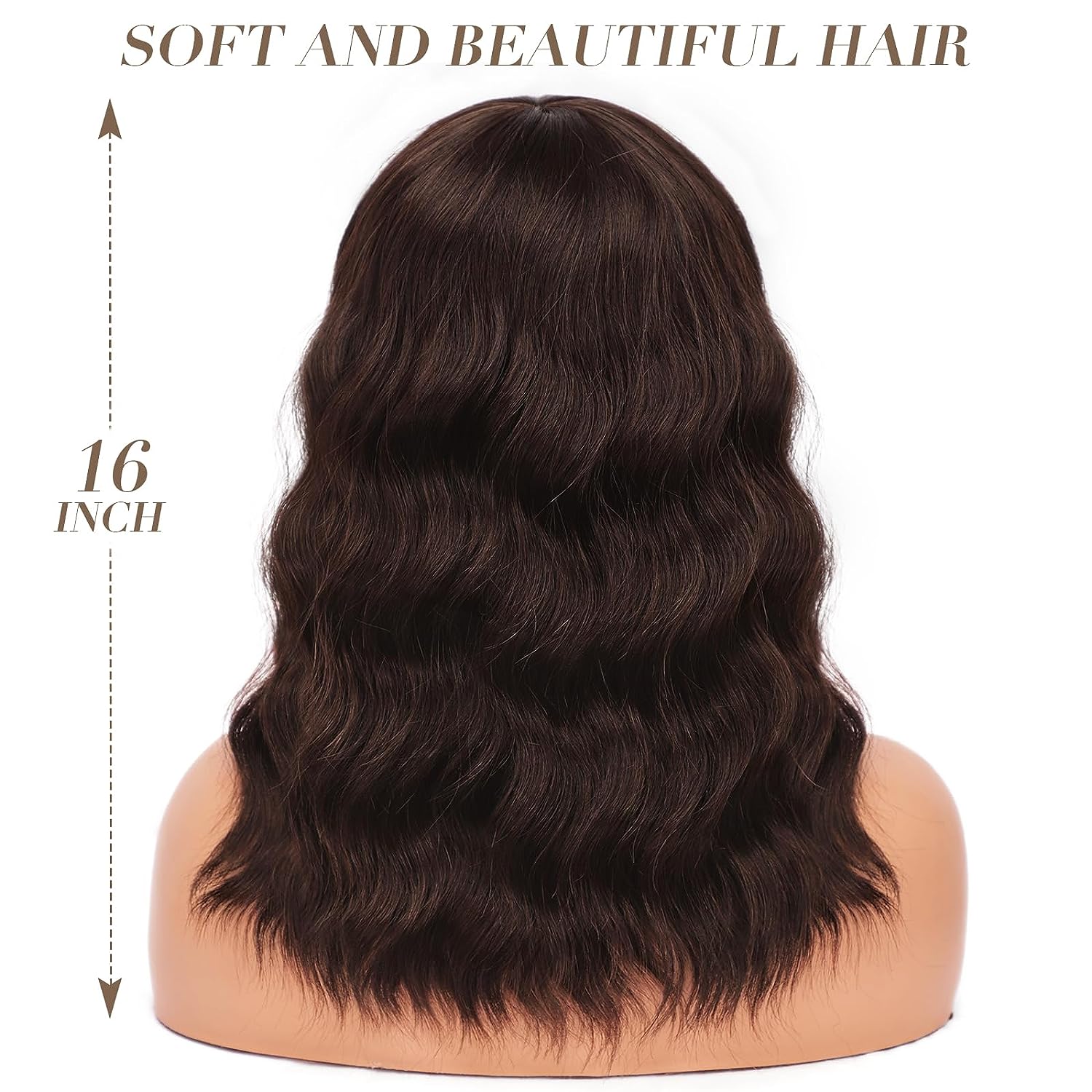 Brown Wavy Glueless Wig with Bangs Chocolate Brown Shoulder Length Human Hair Wigs