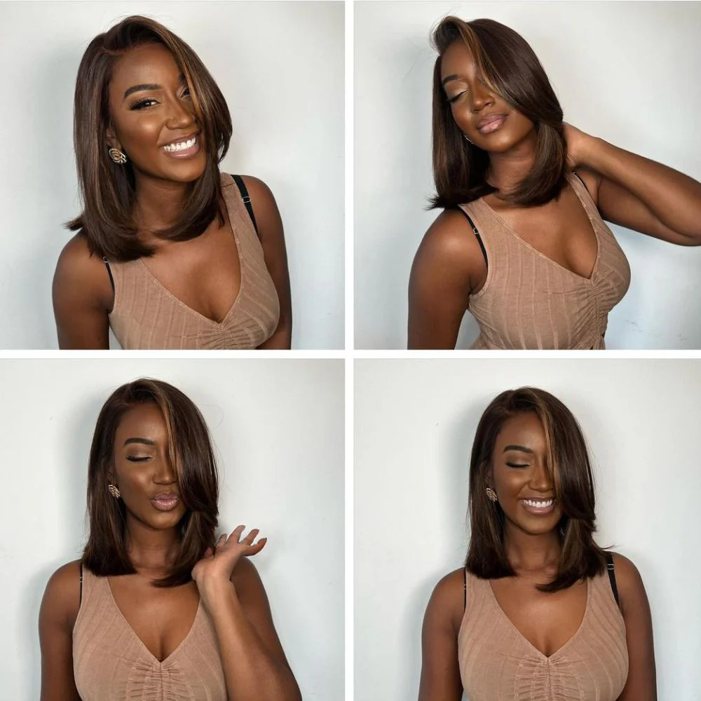 Designer Layered Short Bob Brown Hair with Blonde Highlights Lace Front Wig