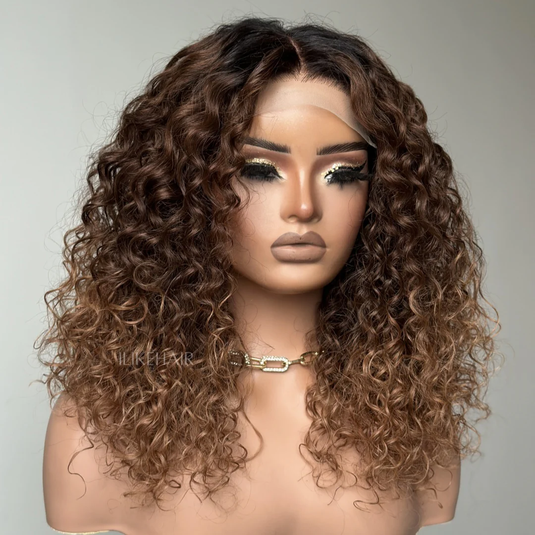 T4/30 Ombre Brown With Black Root Water Wave 6x6 Lace Closure Wig