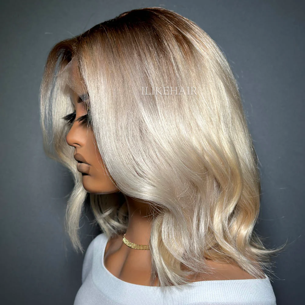 Shoulder Length Blonde Wavy Dark Roots 13x4 Lace Front Wig