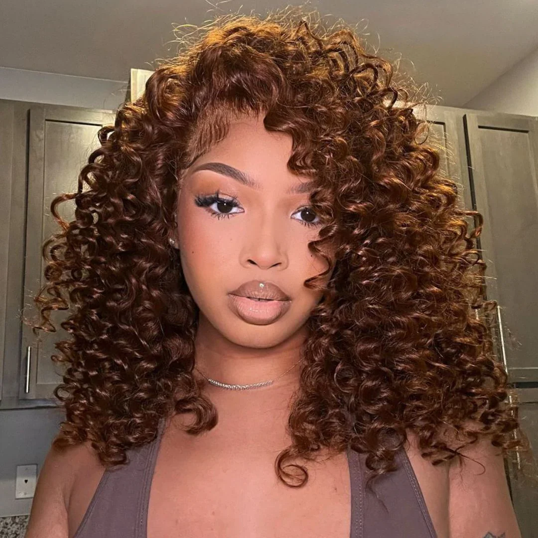 Put On ��� Go Chocolate Reddish Brown Glueless Bouncy Curly 13x4 Lace Front Wig