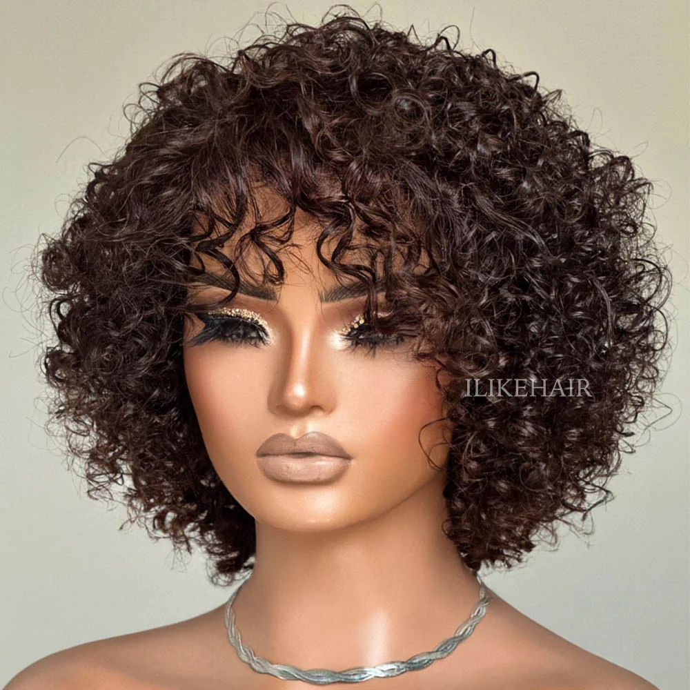 Glueless Short Curly African Bob Wigs Brown Human Hair Lace  Wig