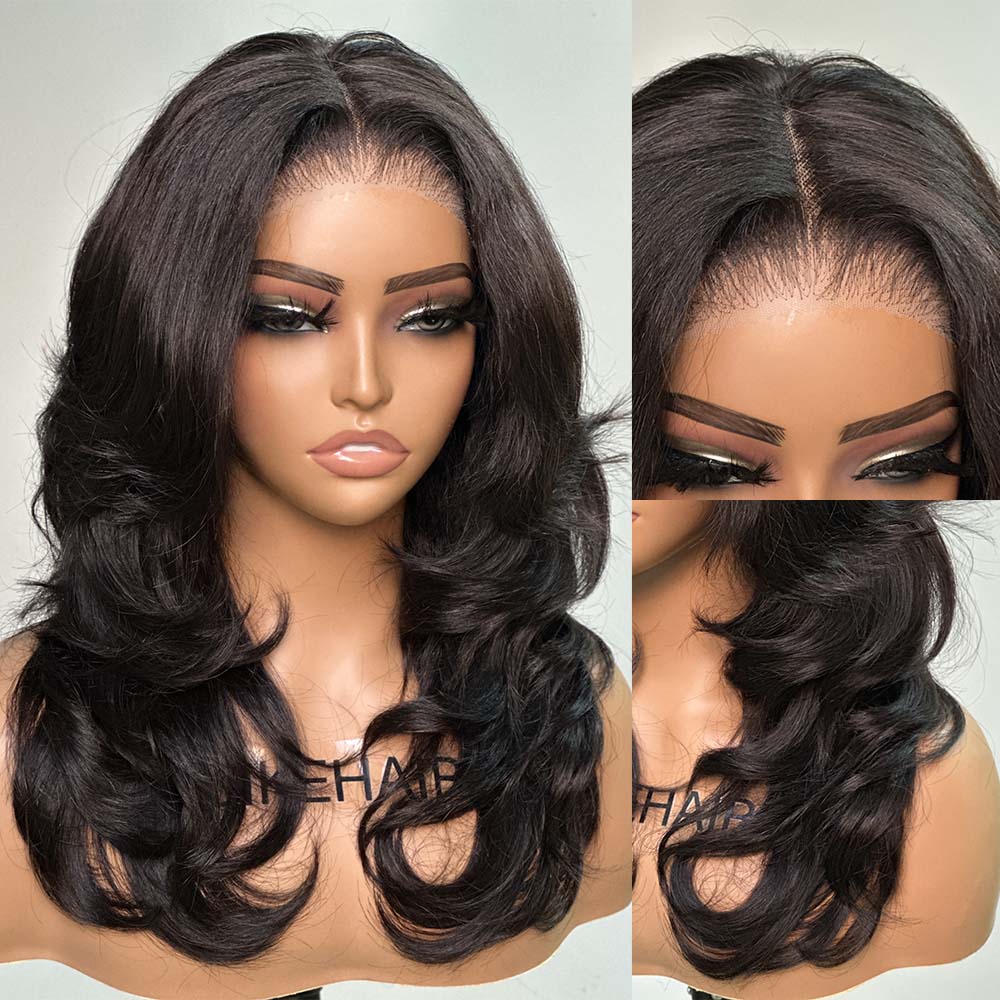 Layered Cut Wavy Human Hair Lace Front Wig With Butterfly Bangs