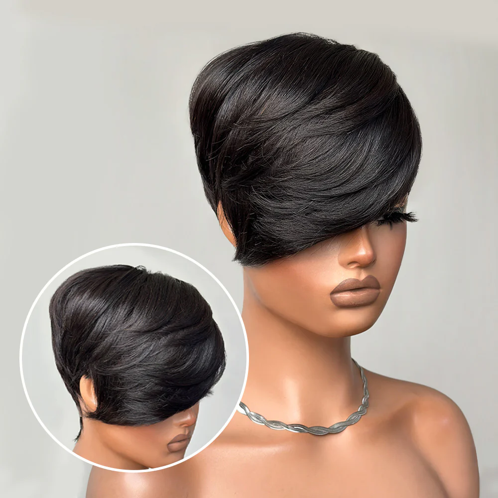 Long Layered Side Bangs Pixie Cut Human Hair Wig