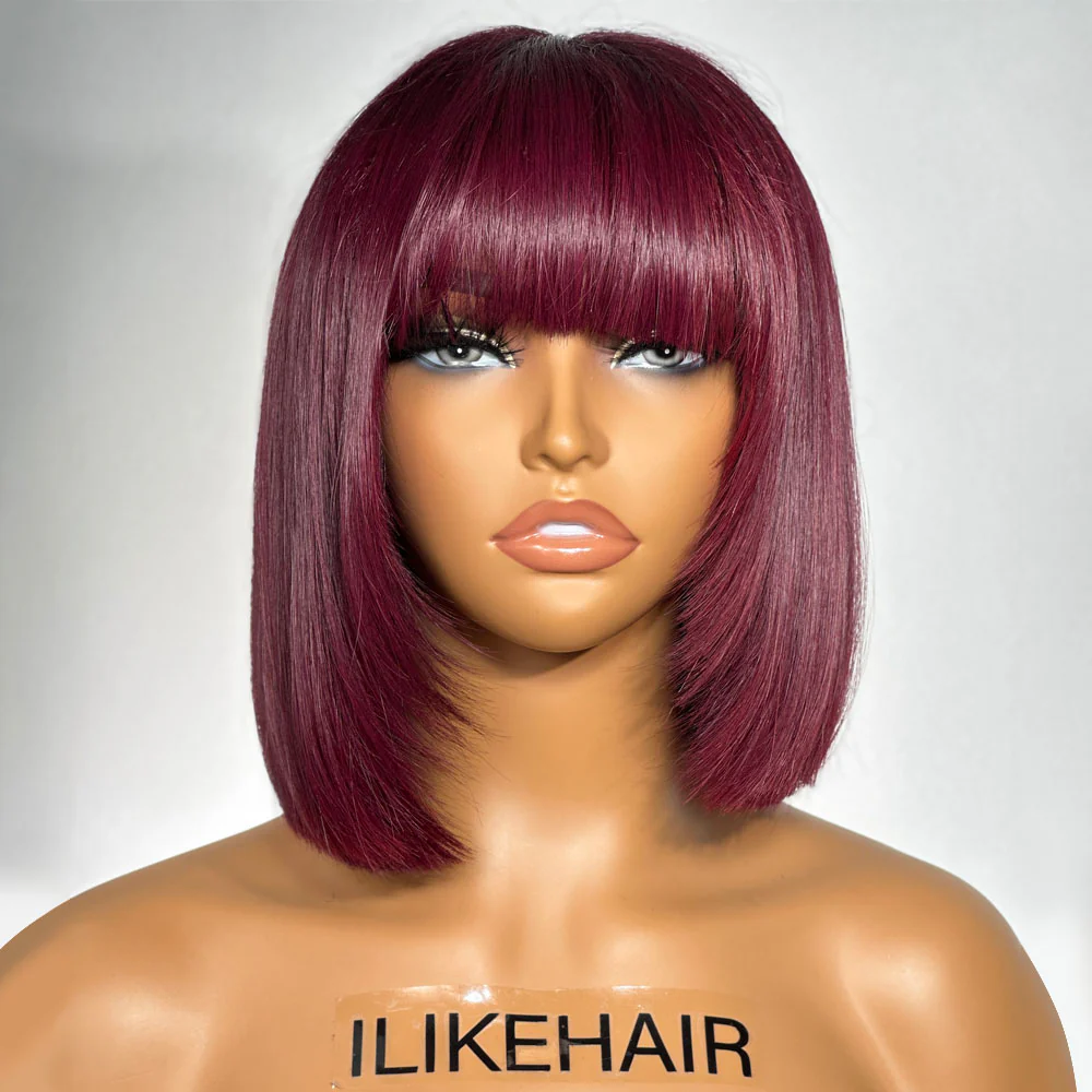 Layer Cut Straight Burgundy Bob 5x5 Lace Closure Wig With Bangs