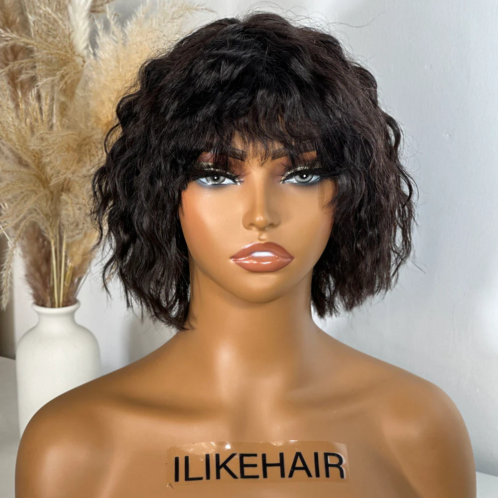 Wolf Cut Short Wavy Bob Glueless Wig With Bang