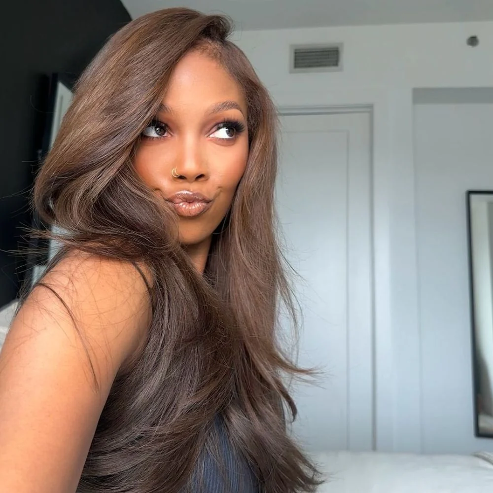 Camel Brown Layered Cut With Curtain Bang Quick Weave Lace Wig