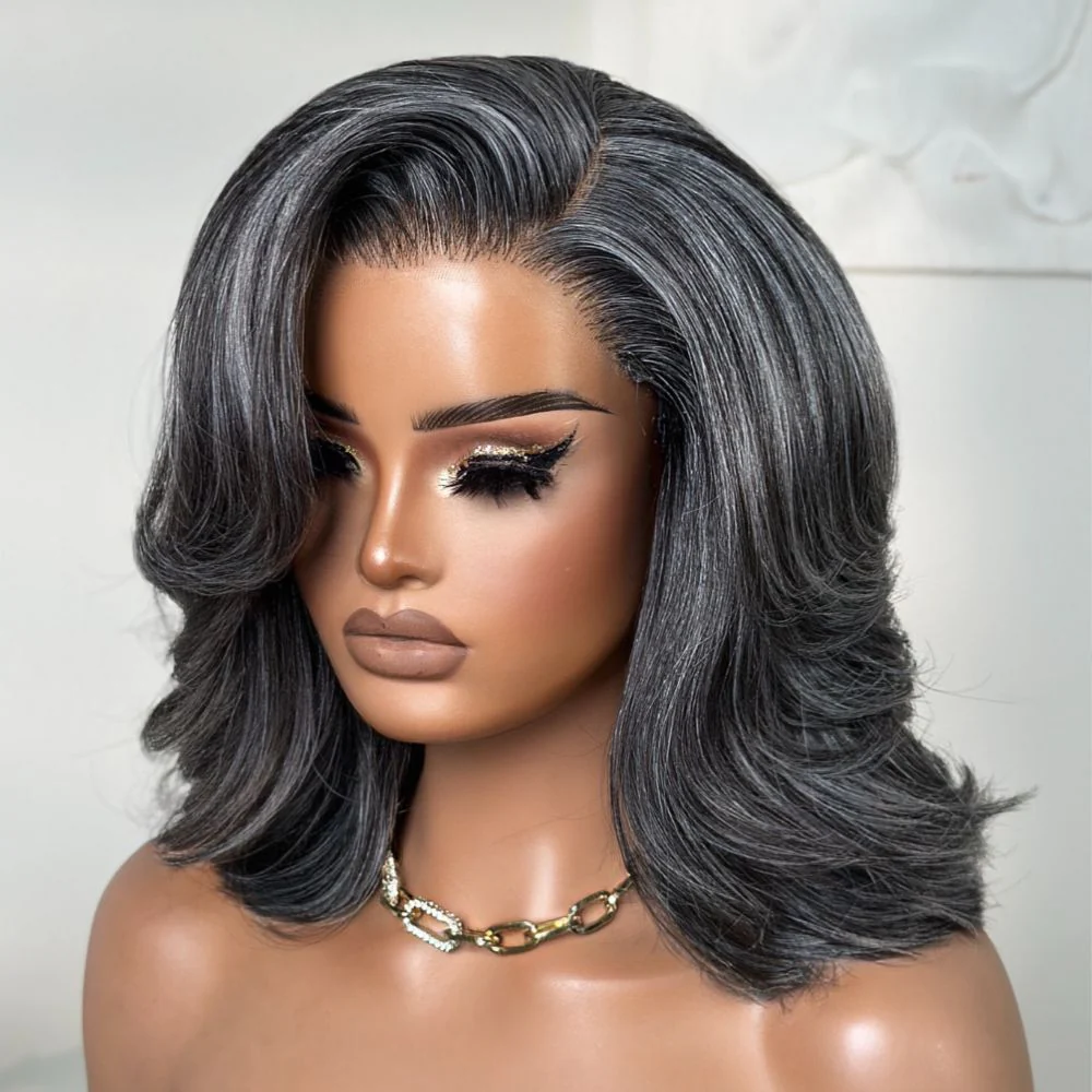 Vintage Salt and Pepper Grey Volume Layered Body Wave Side Part Wig