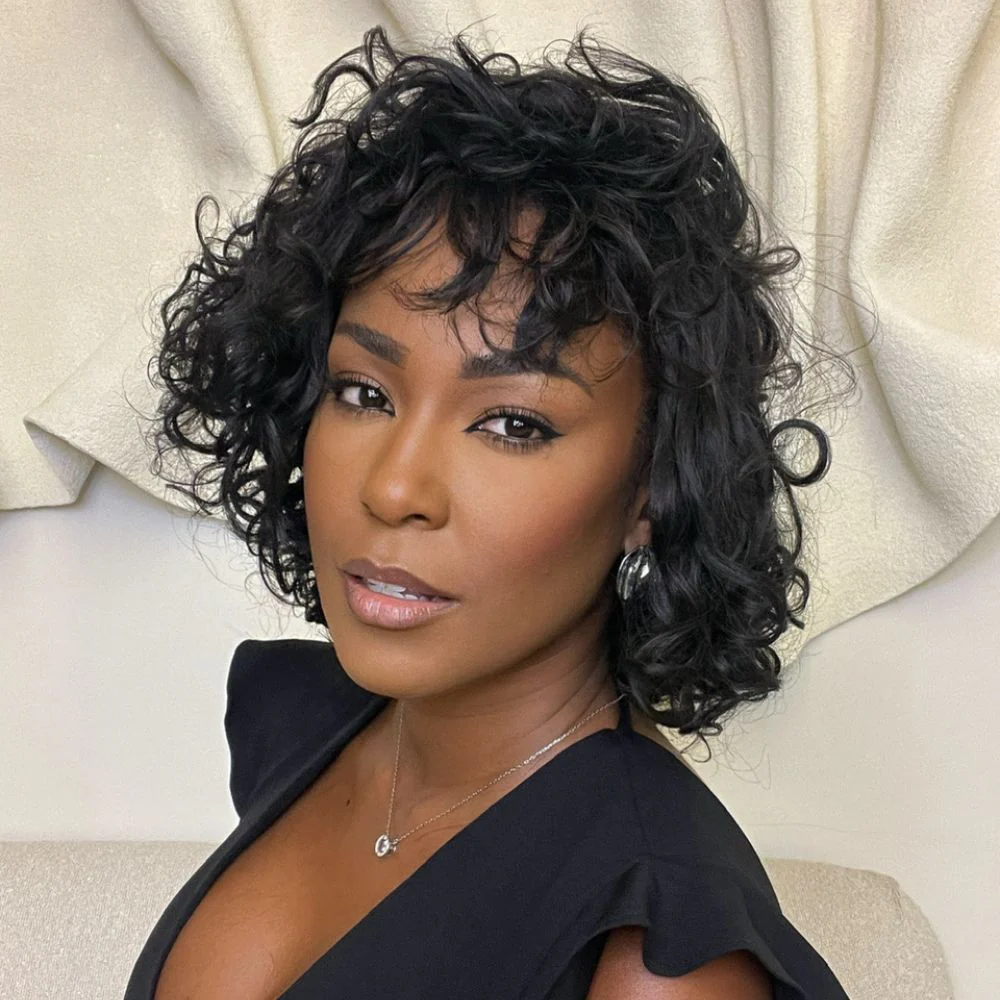 Glueless Natural Balck Short Curly Wig With Bangs