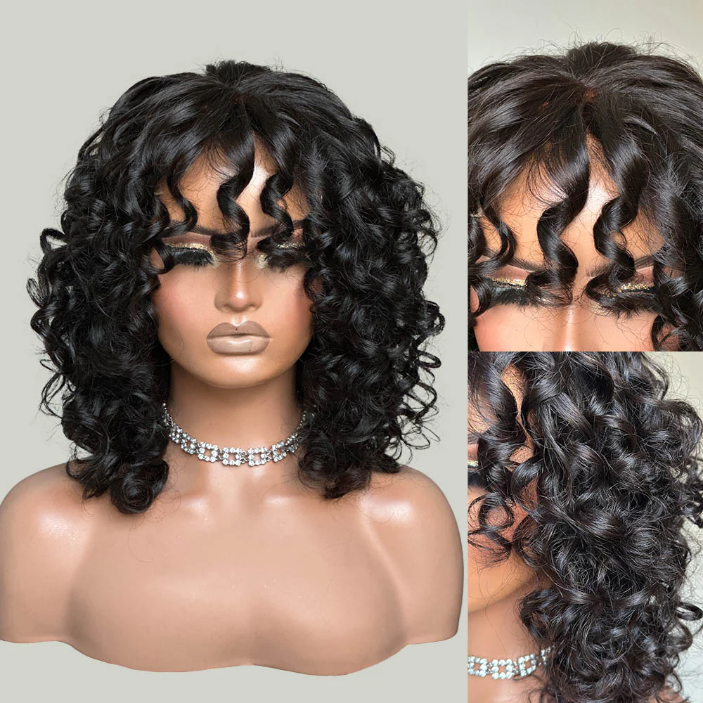 Put on & Go Natural Color Bouncy Curly With Bang 5x5 Lace Wig