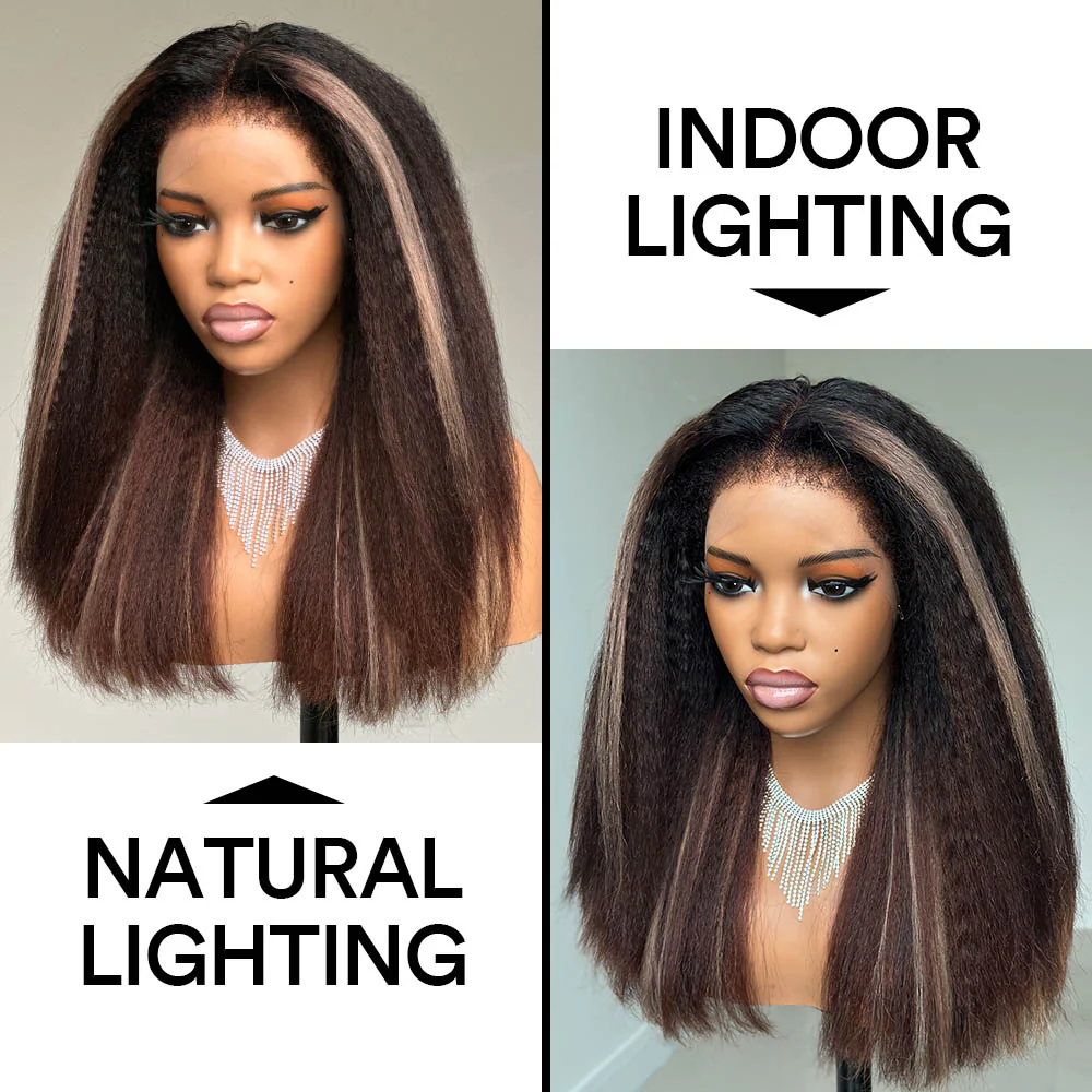 Blonde Highlight Kinky Straight With 4C Kinky Edges 13x4 HD Lace Front Wig