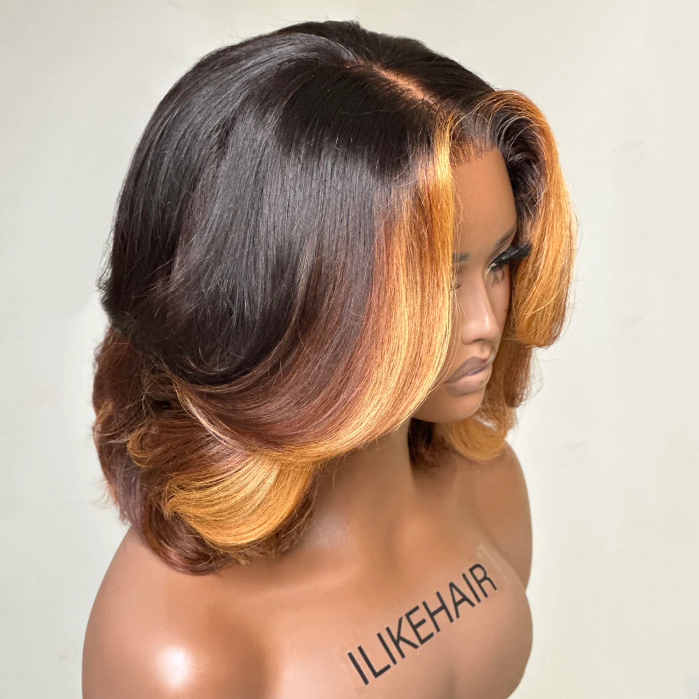 Honey Blonde Highlights Layered Cut Bob Lace Wig