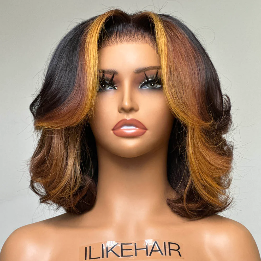 Honey Blonde Highlights Layered Cut Bob Lace Wig