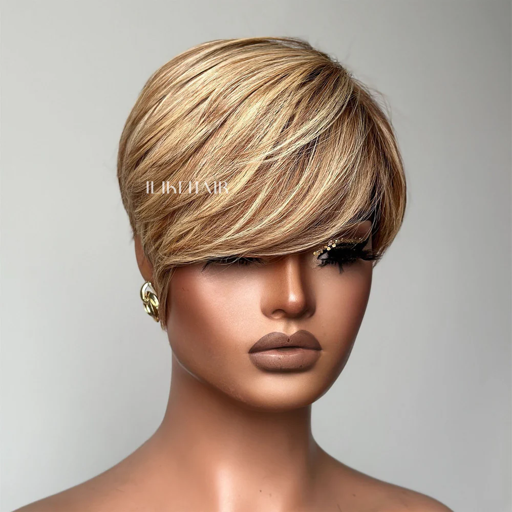 Brown With Blonde Highlight Short Pixie Cut Long Bang Glueless Wig