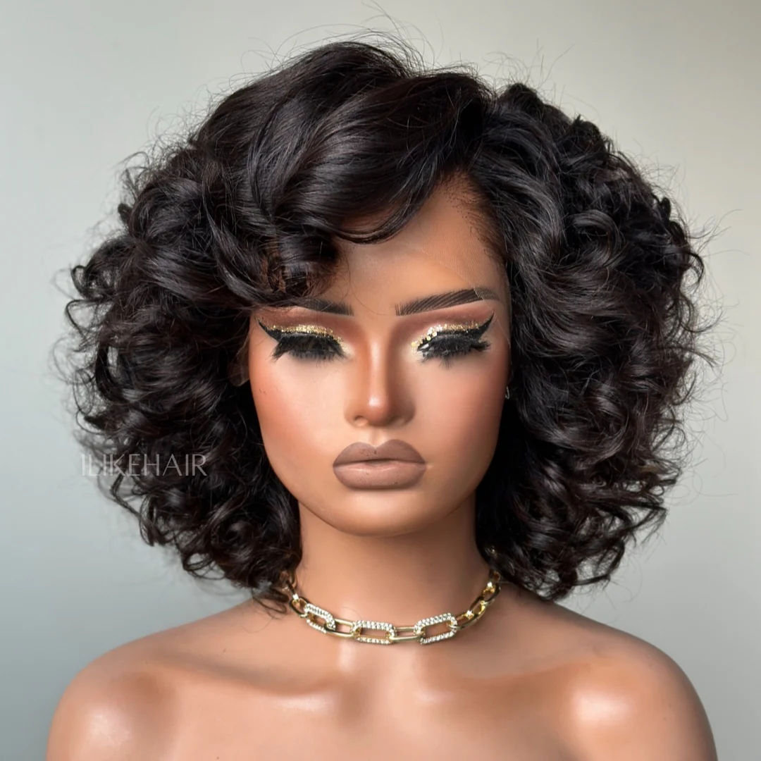 Side Part Fluffy Rose Curly Bob Lace Human Hair Wig