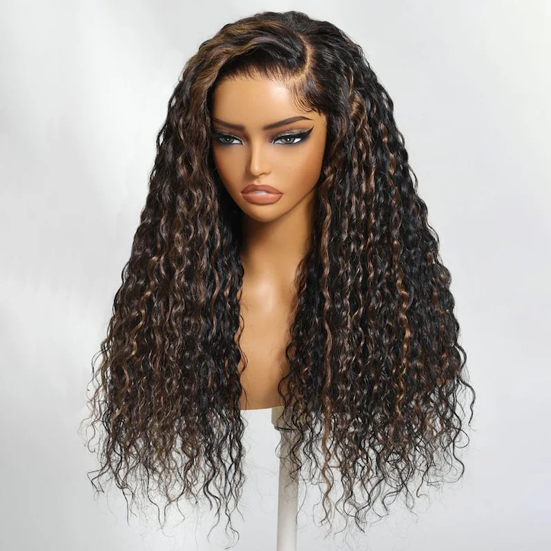 Glueless Golden Brown Highlight Wig Water Wave Curly Lace Closure Wig