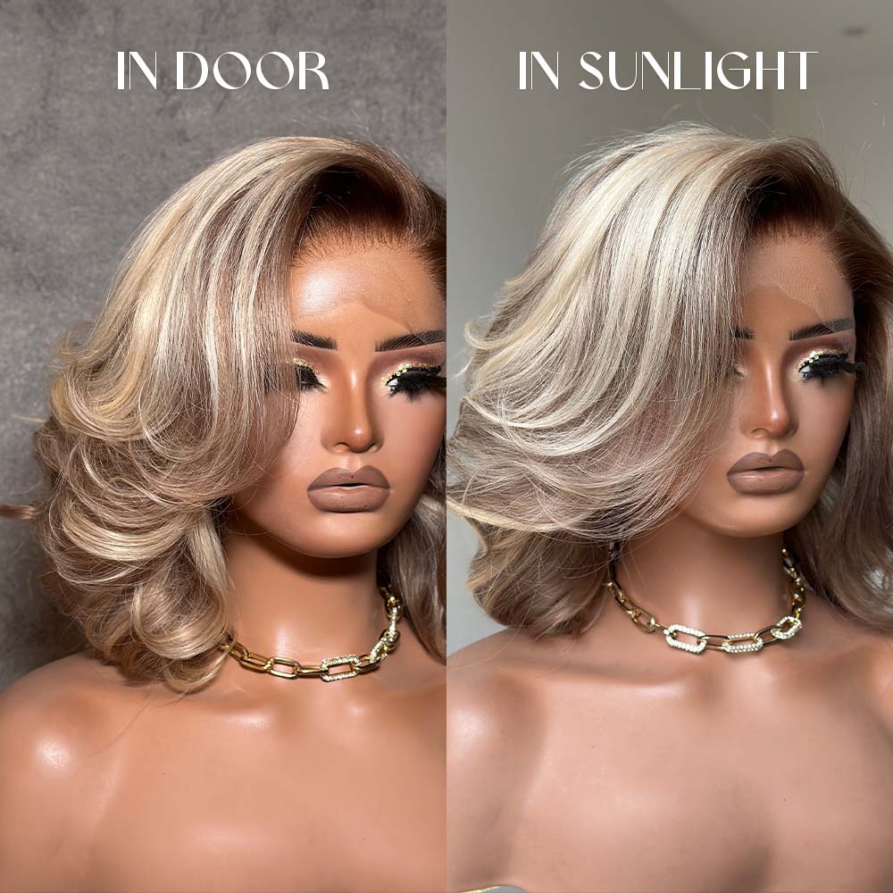 Ombre 613 Blonde Wave Bob With Dark Root Balayage 13x4 Lace Front Wig