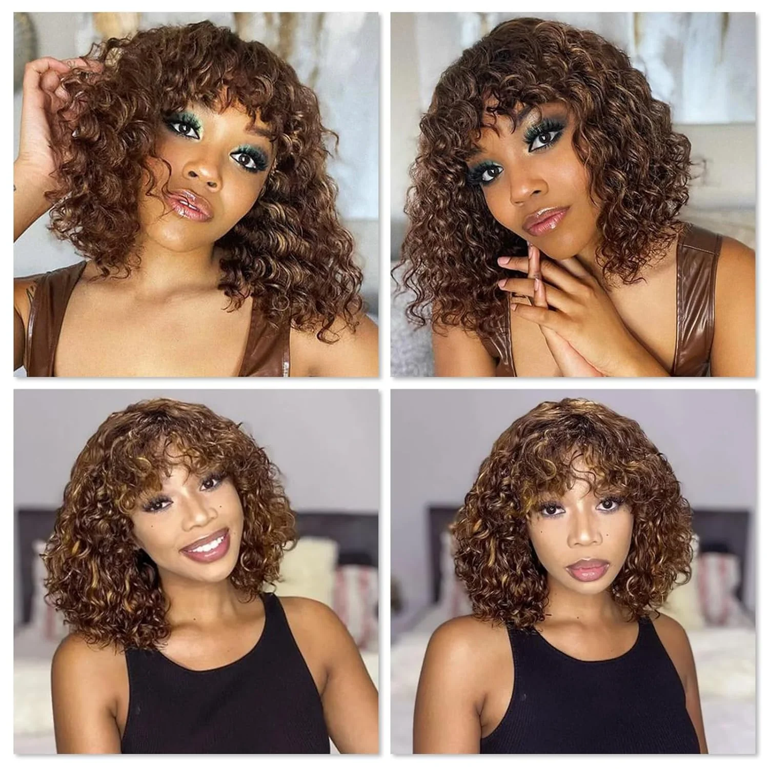 Glueless Blonde Highlight Curly Hair Wig With Bangs