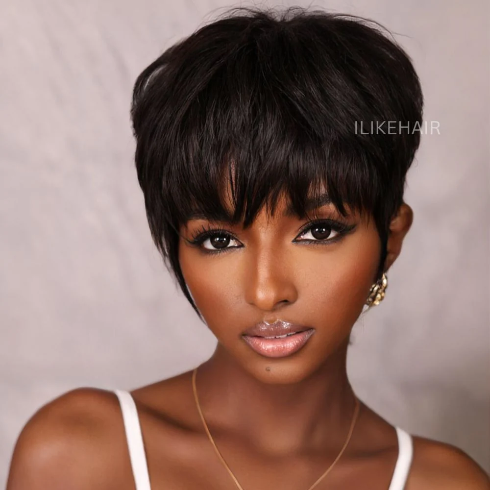 Put on & Go Layered Short Pixie Cut Human Hair Wig With Bang