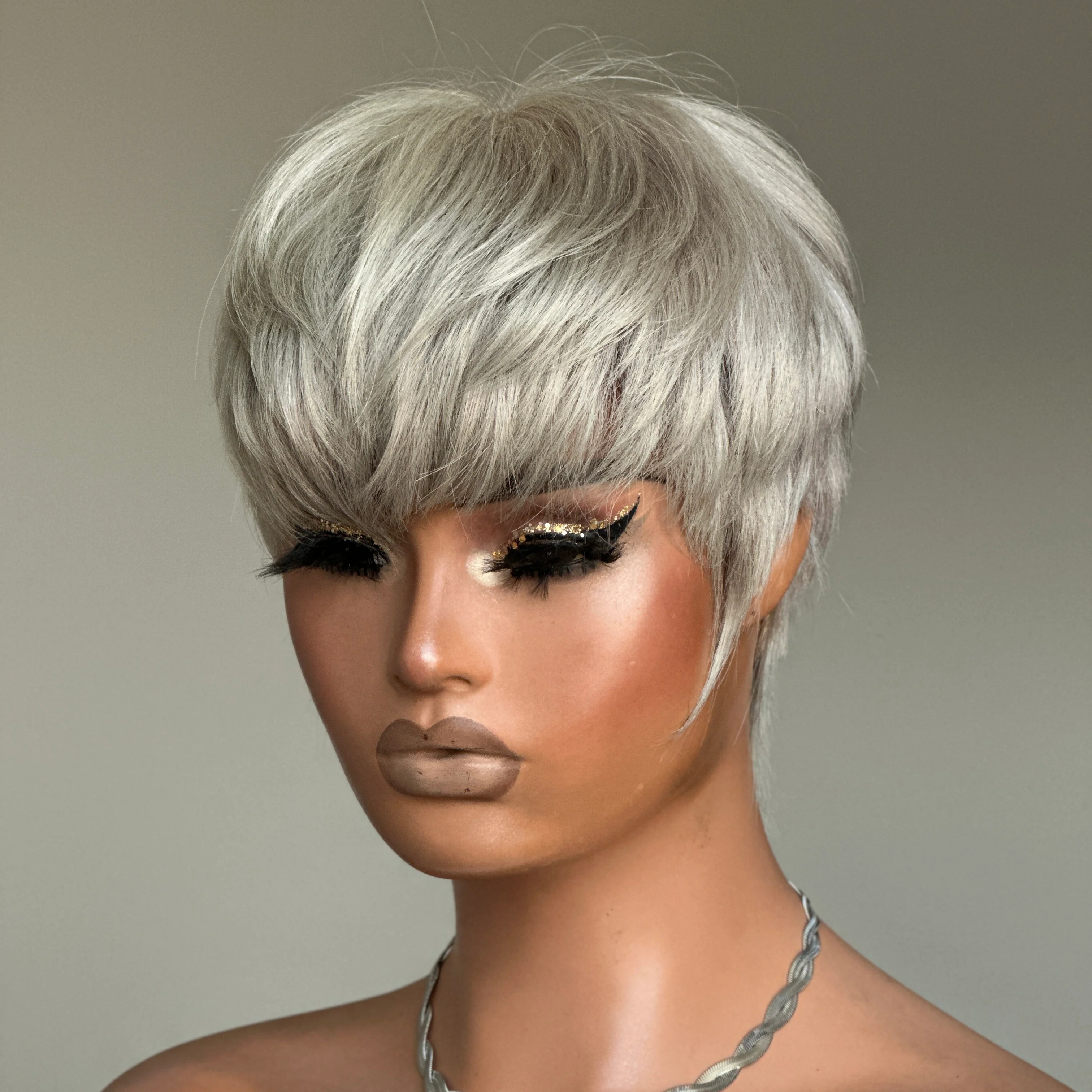 Ash Grey Layered Pixie Cut Glueless Human Hair Wig With Bangs