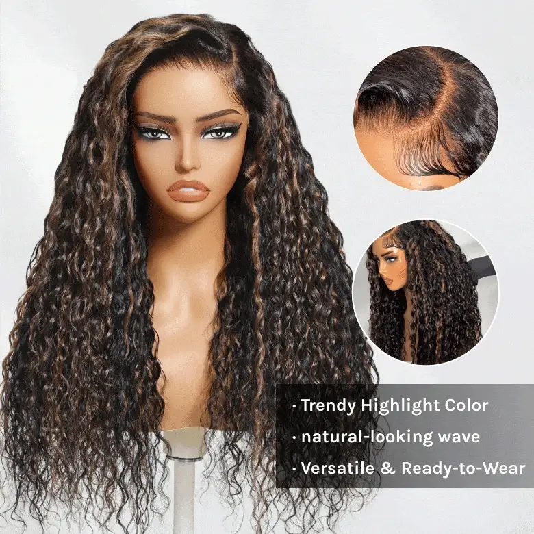 Glueless Golden Brown Highlight Wig Water Wave Curly Lace Closure Wig