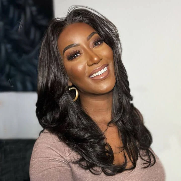 Layered Cut Wavy Human Hair Lace Front Wig With Butterfly Bangs