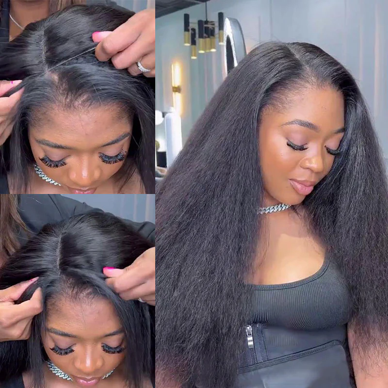 Natural Kinky Straight Glueless HD Lace Closure Half Wig