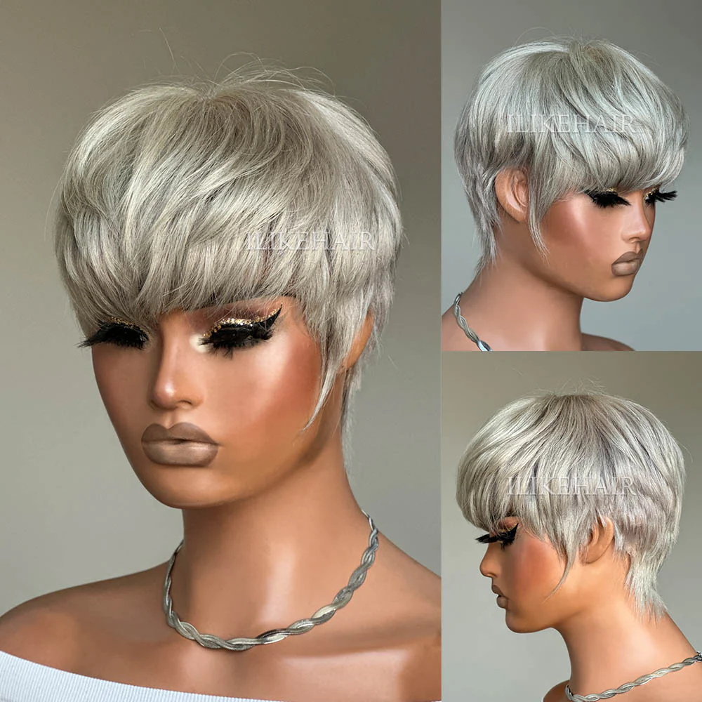 Ash Grey Layered Pixie Cut Glueless Human Hair Wig With Bangs