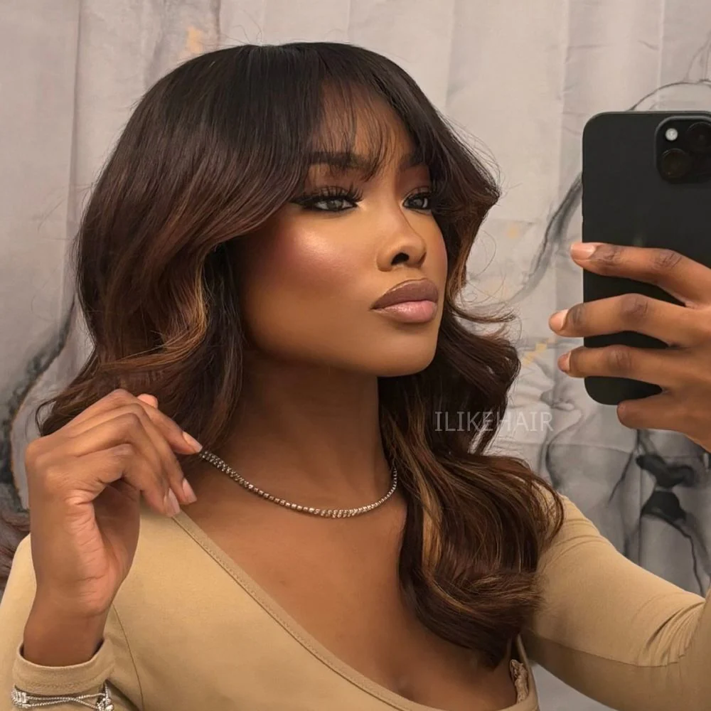 Ombre Chestnut Brown Highlights Curtain Bangs with Layered Cut Wavy Lace Closure Wig