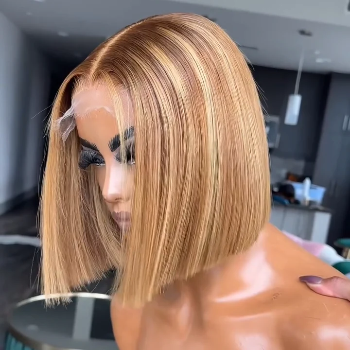 613 Ombre Blonde Highlight with Brown Blunt Cut Bob Human Hair Wig