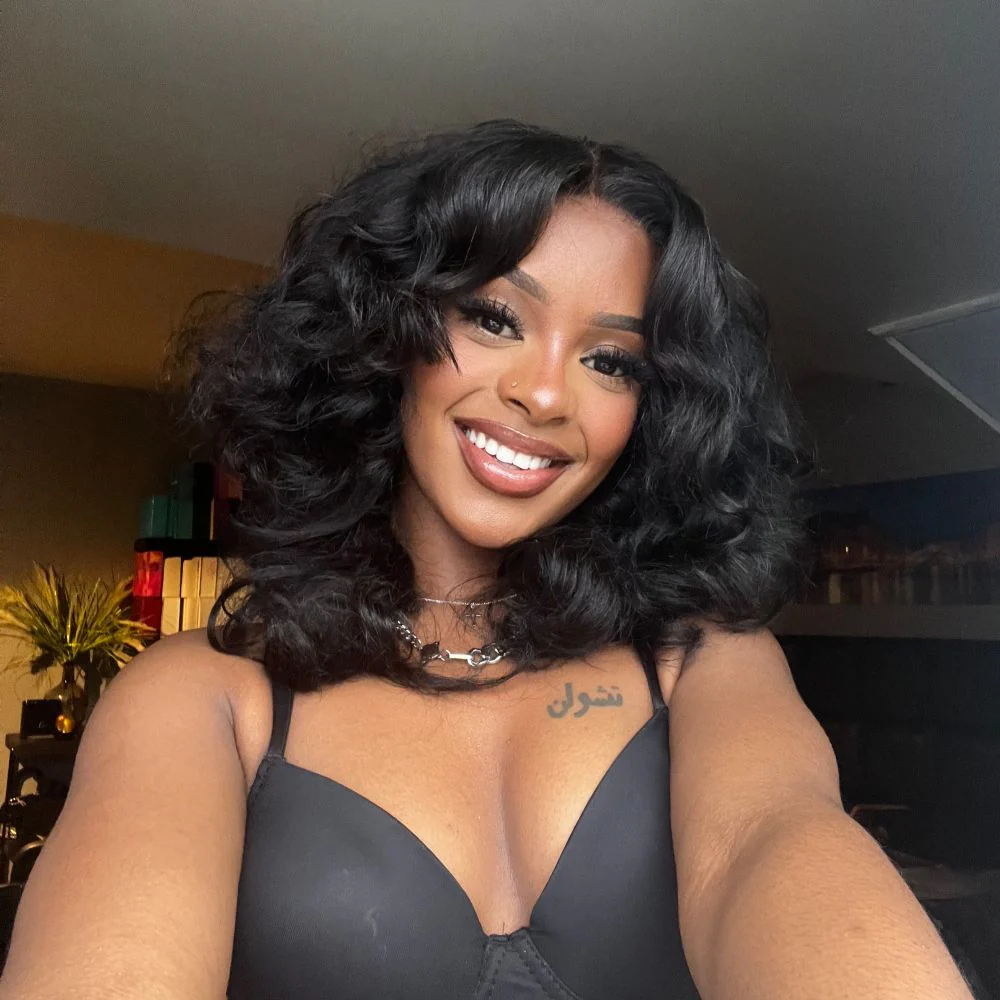 Glueless Layered Wavy Pre-cut With Curtain Bangs Lace Closure Wig