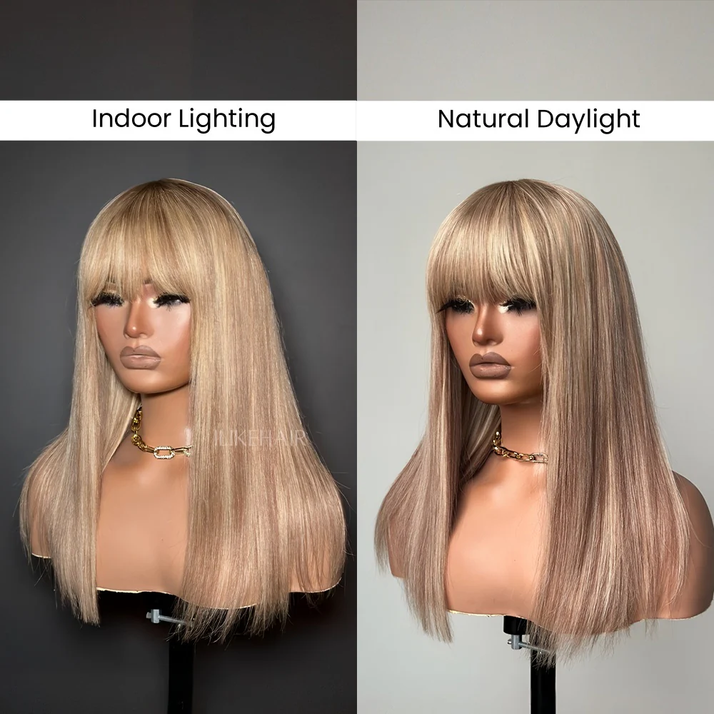 P10/613 Blonde Highlight Straight Glueless Human Hair Wig With Bangs