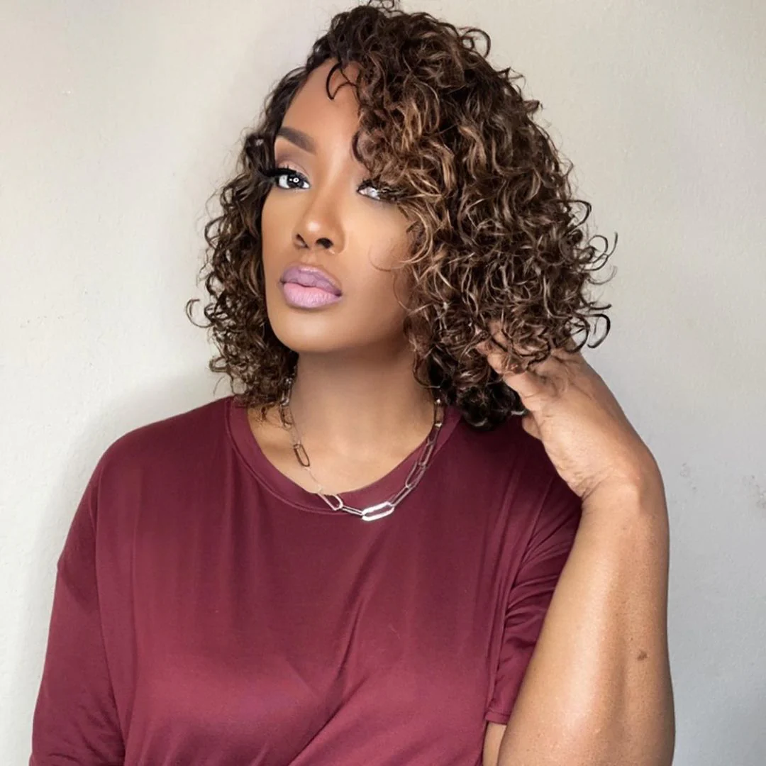 Brown Highlights Loose Curly Wash Top 5x5 Lace Bob Wig