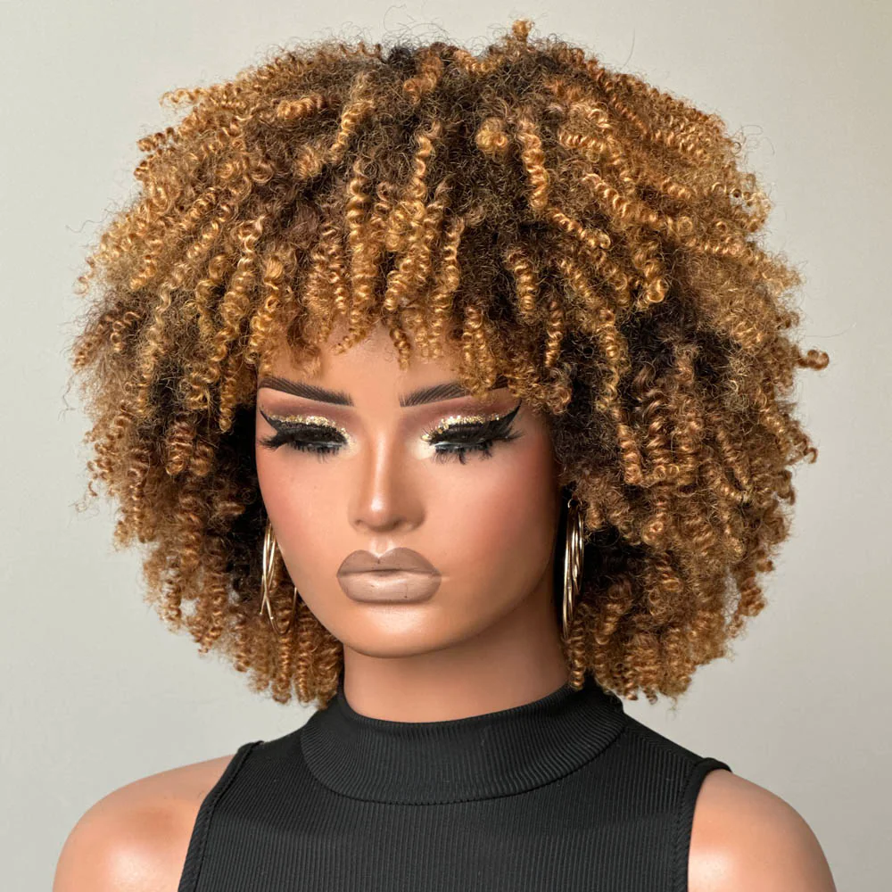 Put on & Go Honey Blonde Highlights Afro Kinky Coily Glueless Bob Wig With Bangs