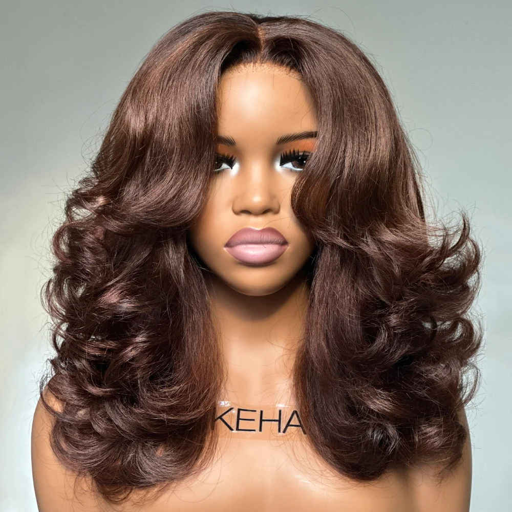 Put on & Go Chestnut Brown Layered Wavy With Curtain Bangs 5x5 Lace Closure Wig