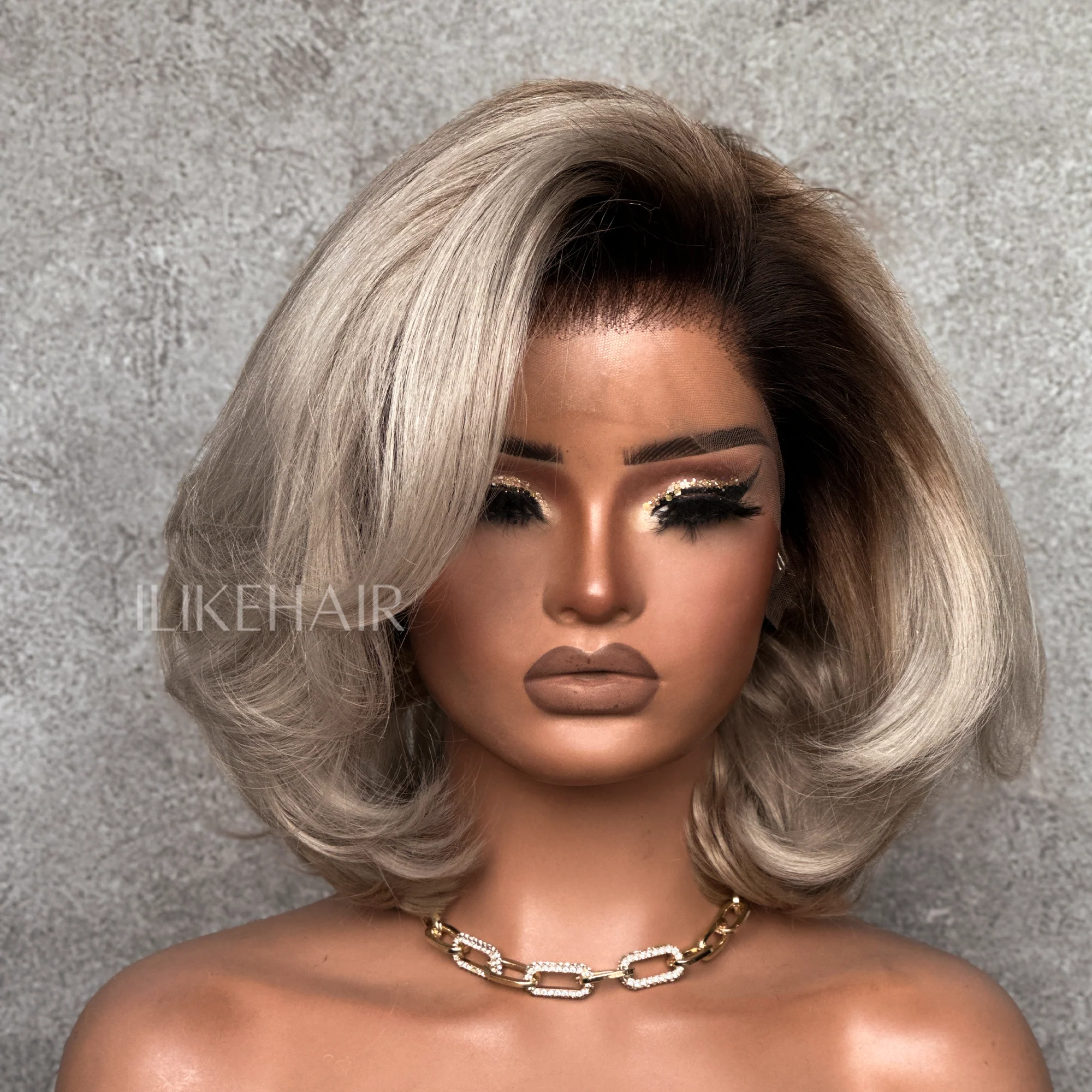 Short Ash Blonde Layered Bob With Dark Root Lace Frontal Wig