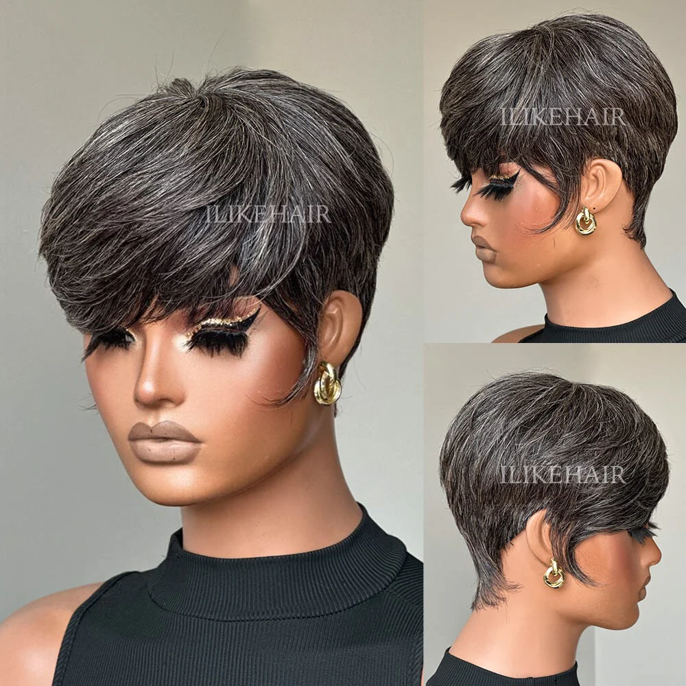 Put on & Go Layered Short Pixie Cut Human Hair Wig With Bang