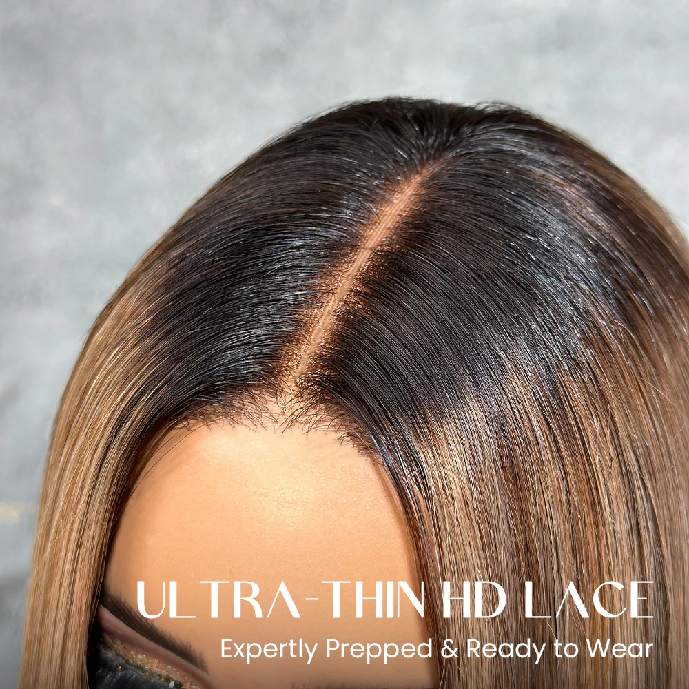 Ombre Blonde Highlight with Brown Blunt Cut Bob 5x5 Lace Closure Wig