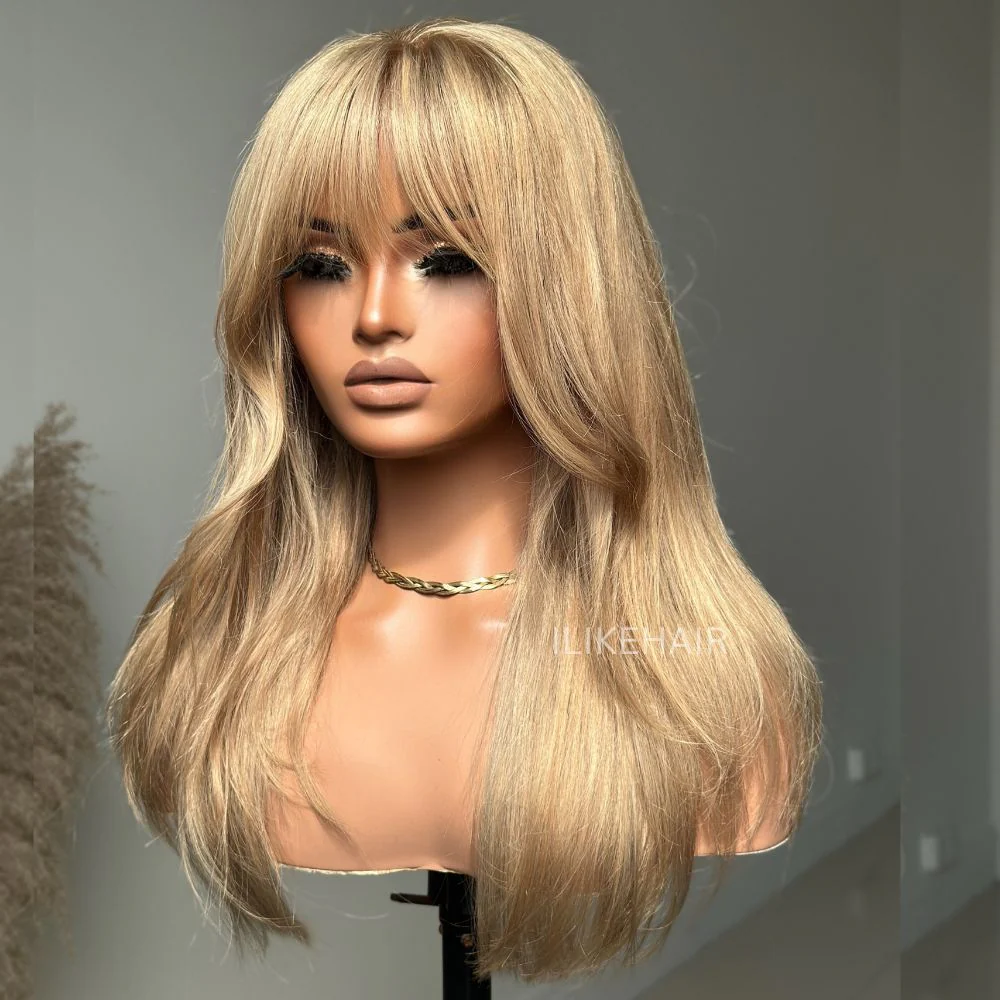 Honey Blonde Hair Wig With Bangs Glueless 13x4 Frontal Lace Wig 100% Human Hair
