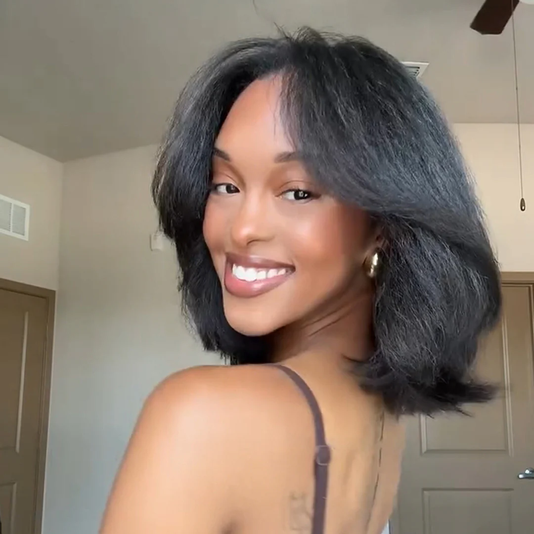 Natural Kinky Straight Layered Blowout Bob Lace Wig