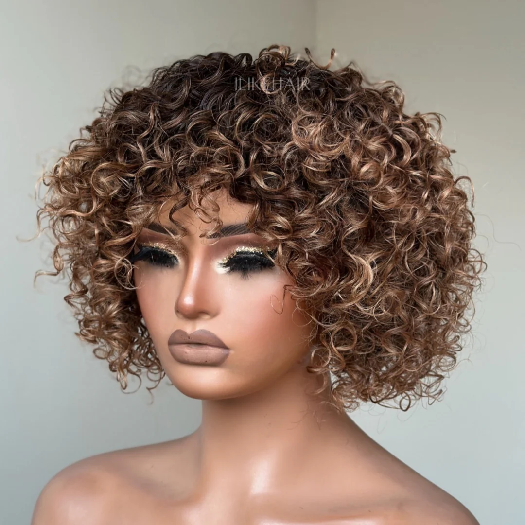 Put On & Go Short Ombre Honey Blonde Curly Wig With Bangs