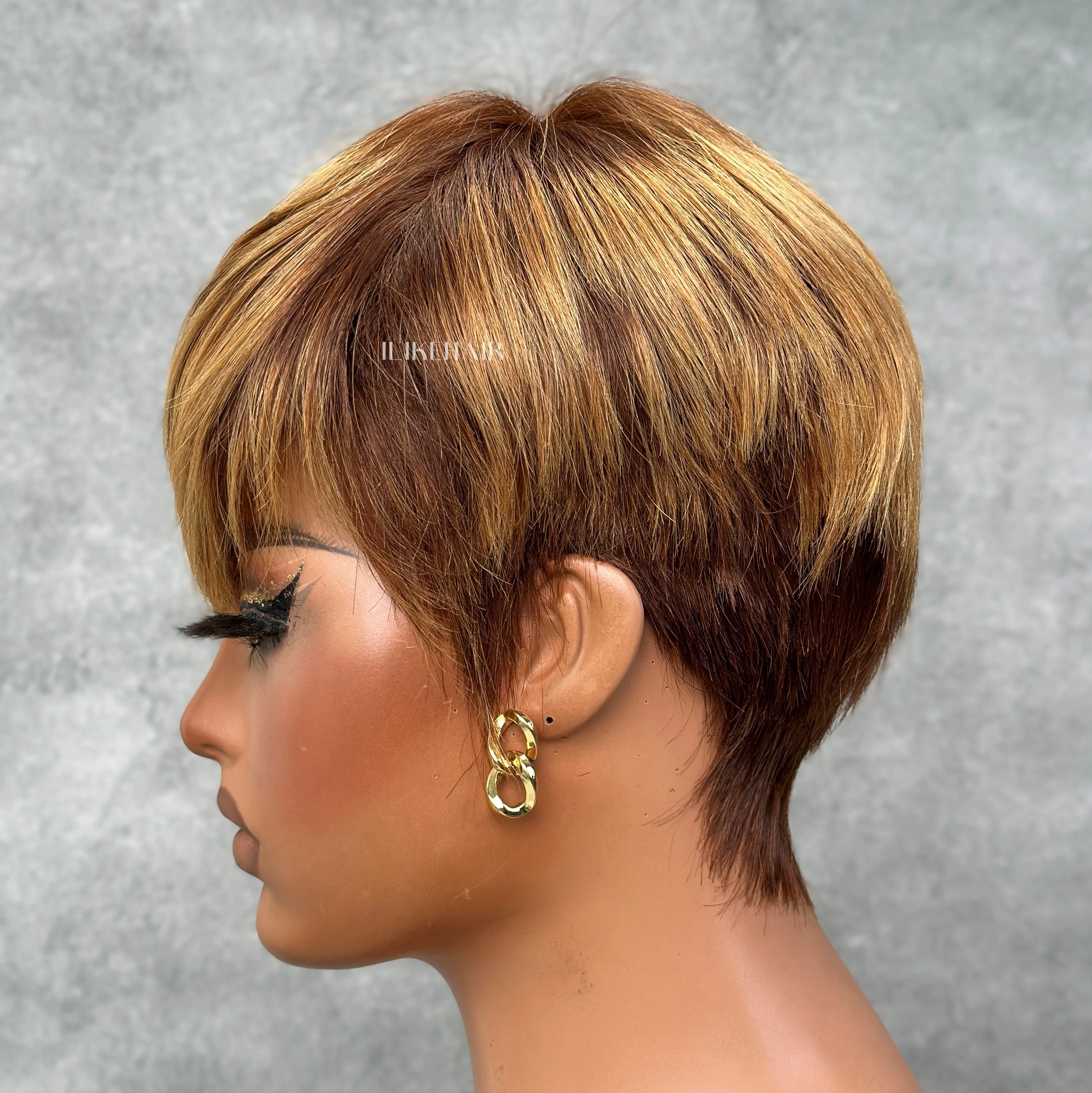 Put on  & Go Blonde Highlight with Bottom Brown Pixie Cut Wig