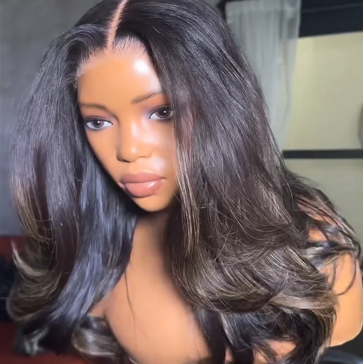 Natural Black with Blonde Highlight Body Wave 5��5 HD Lace Closure Wig