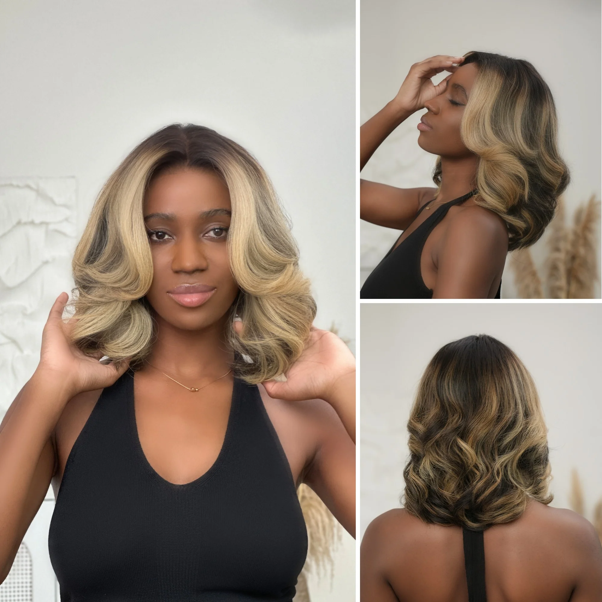 Honey Blonde Highlights Layered Wig with Face-Framing Bangs