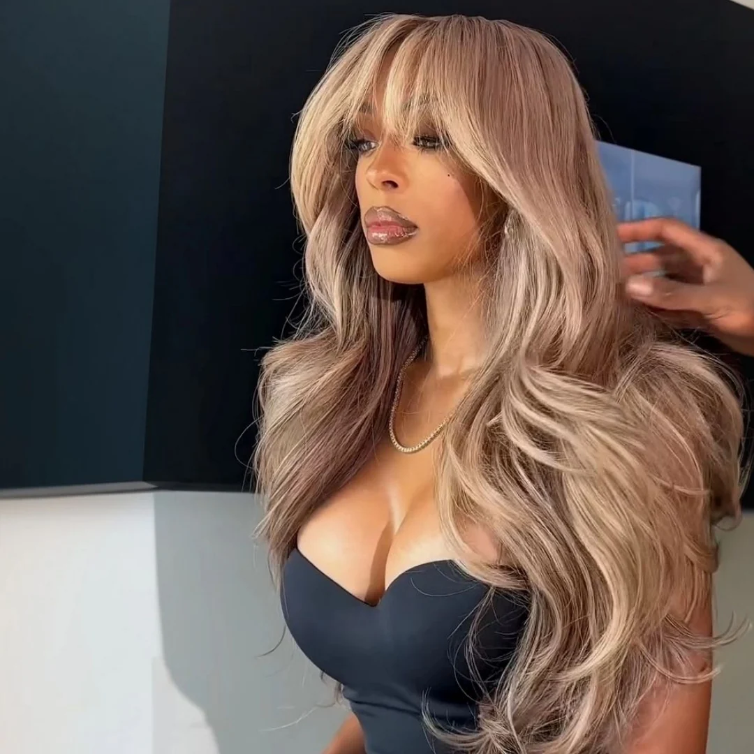 Ombre Ash Blonde With Brown Highlights Layered Cut Wavy Wig With Bang