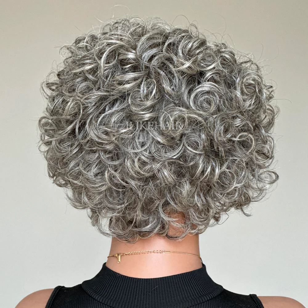 Glueless Ash Grey Rose Curly Bob Human Hair Wig