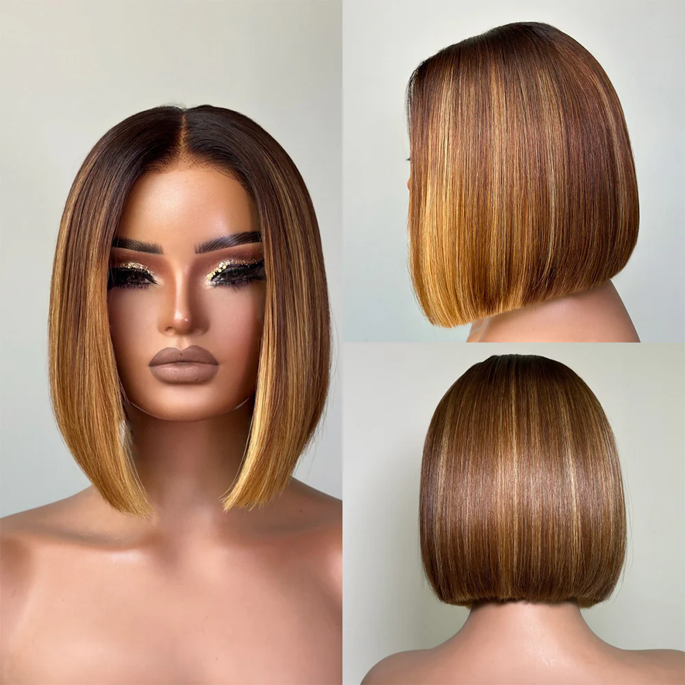 Ombre Brown With Honey Blonde Highlights Adjustable Cap Virgin Hair Bob HD Lace Wig