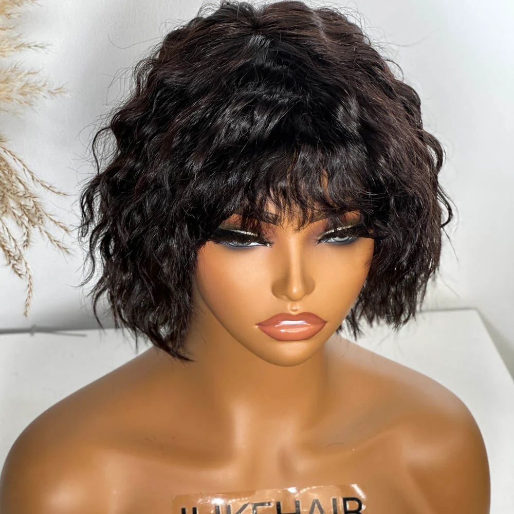 Wolf Cut Short Wavy Bob Glueless Wig With Bang
