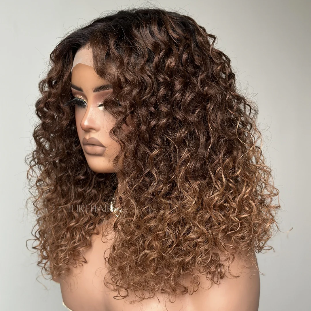 T4/30 Ombre Brown With Black Root Water Wave 6x6 Lace Closure Wig