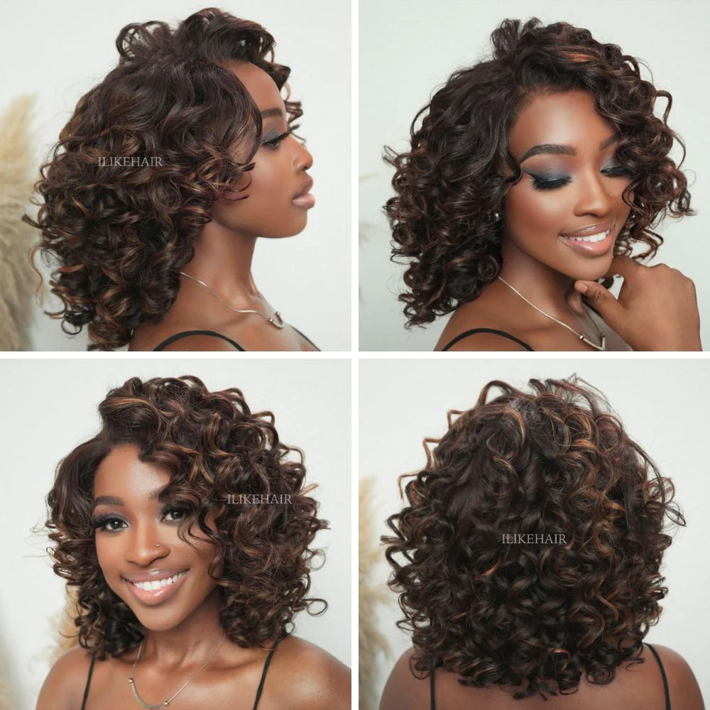 Short Bob Bouncy Loose Curly Blonde Highlight Lace Front Wig